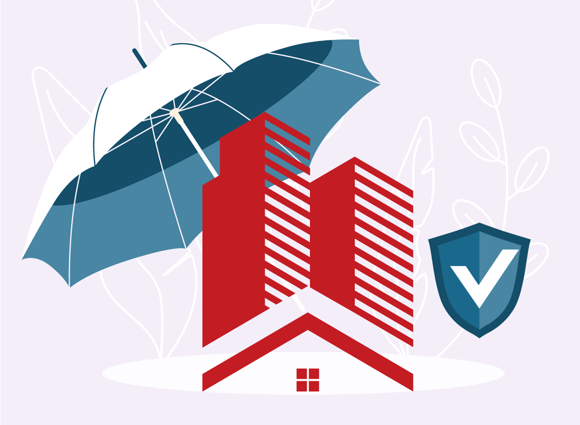  Image of a house covered by an umbrella and shield, representing Commercial Insurance.